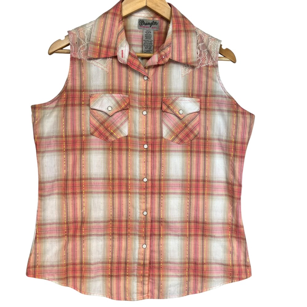 Wrangler Wrancher Womens Pink Plaid Lace Yoke Sleeveless Western Shirt Medium